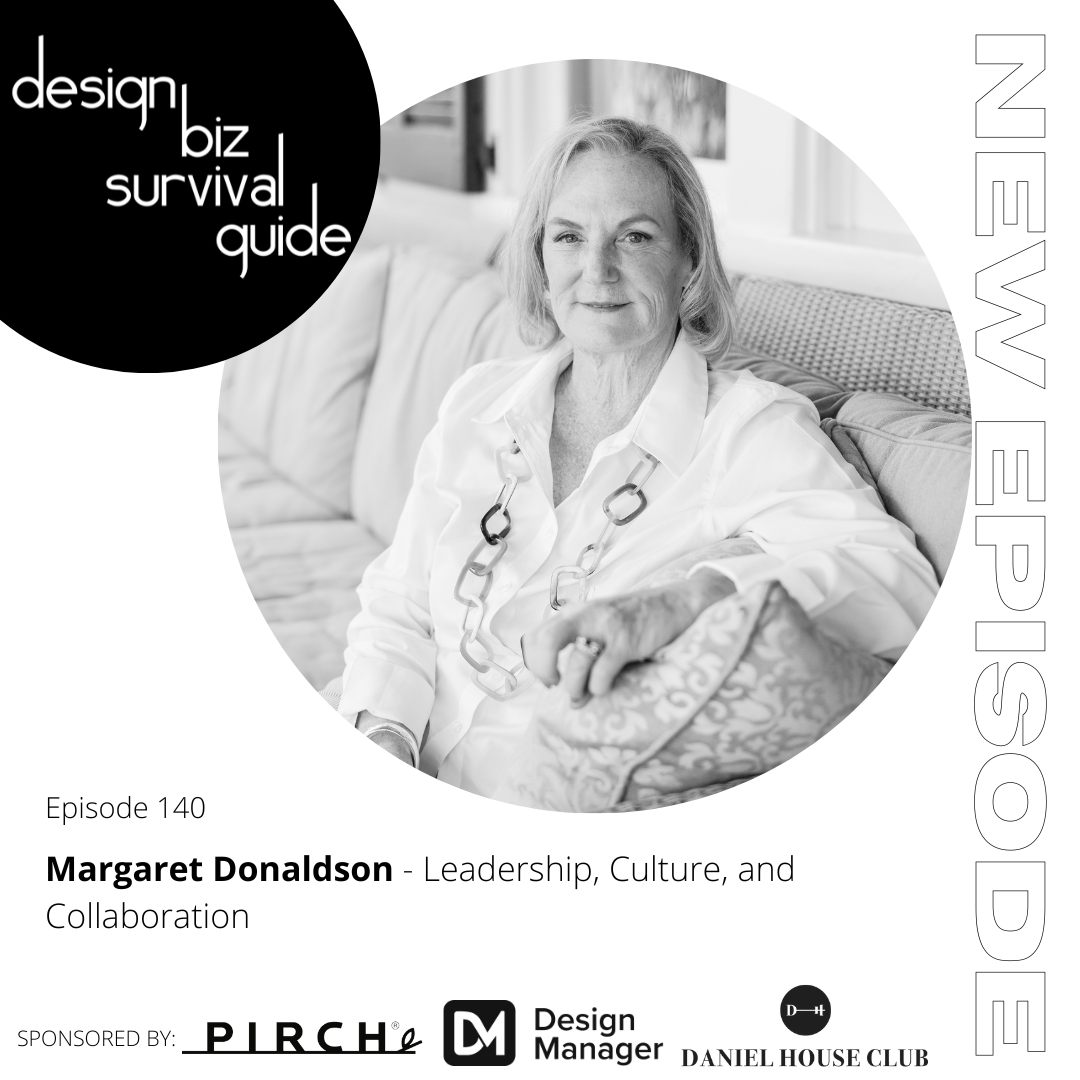 a podcast promotional graphic for Design Biz Survival Guide with a circle cropped black and white photo of Margaret Donaldson